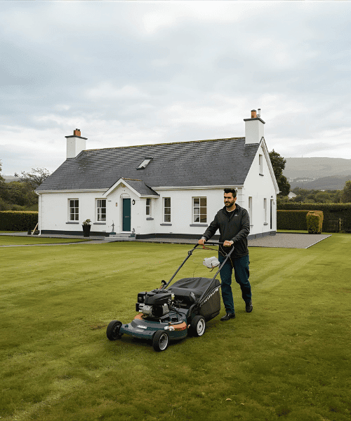 Cutting grass at a house