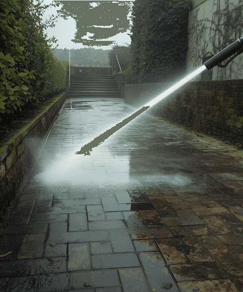 Power washing a patio area