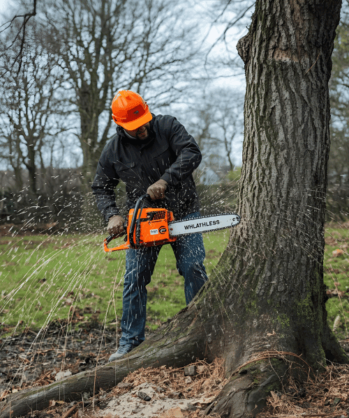 Using chainsaw to cut down a tree